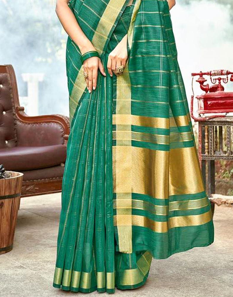 Green Checkered Zari Cotton Silk Saree