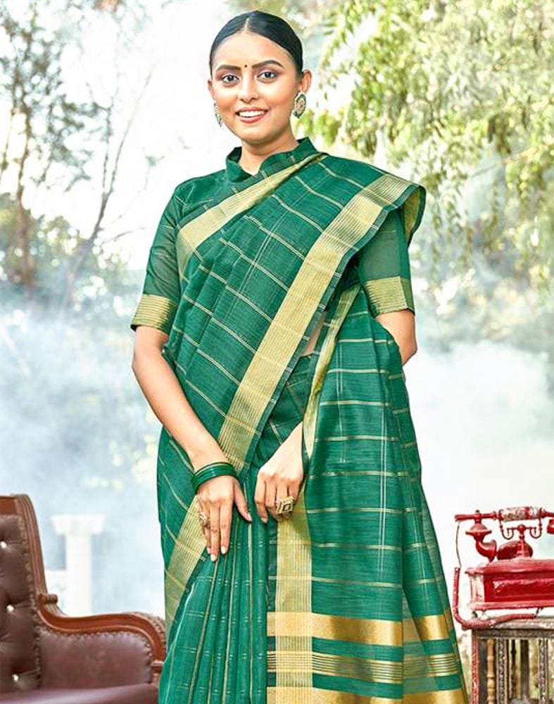 Green Checkered Zari Cotton Silk Saree