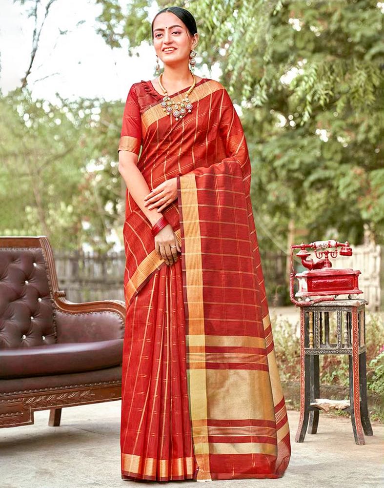 Collection of Maroon Checkered Zari Cotton Silk Saree in a gallery layout