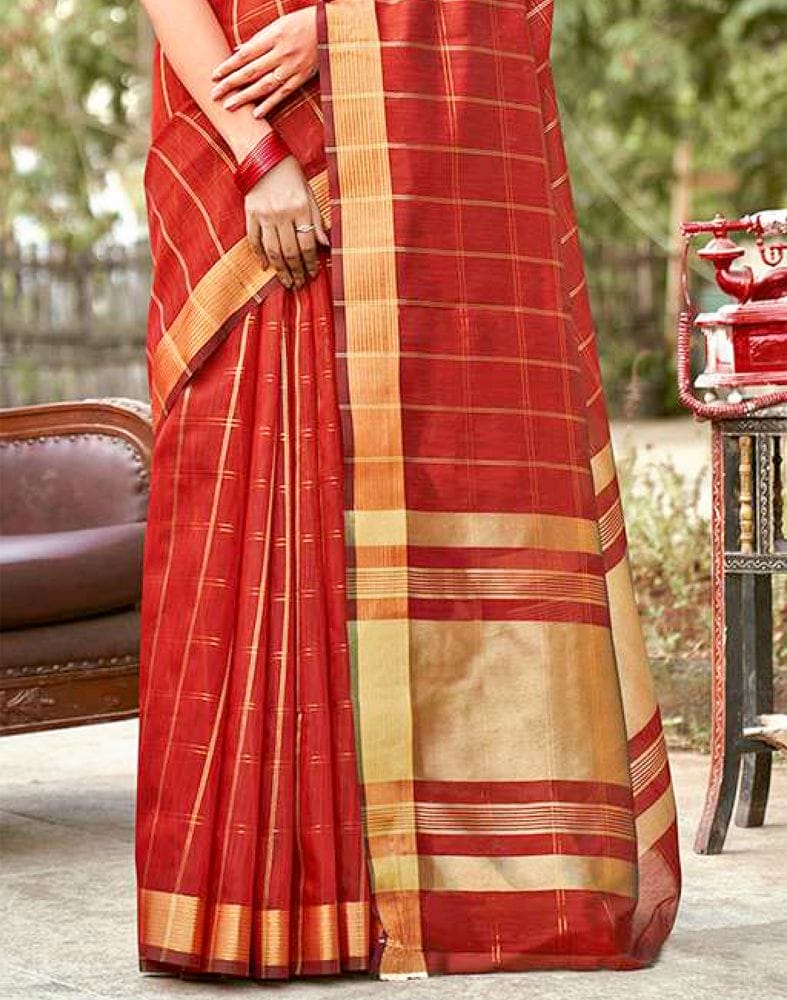 Maroon Checkered Zari Cotton Silk Saree