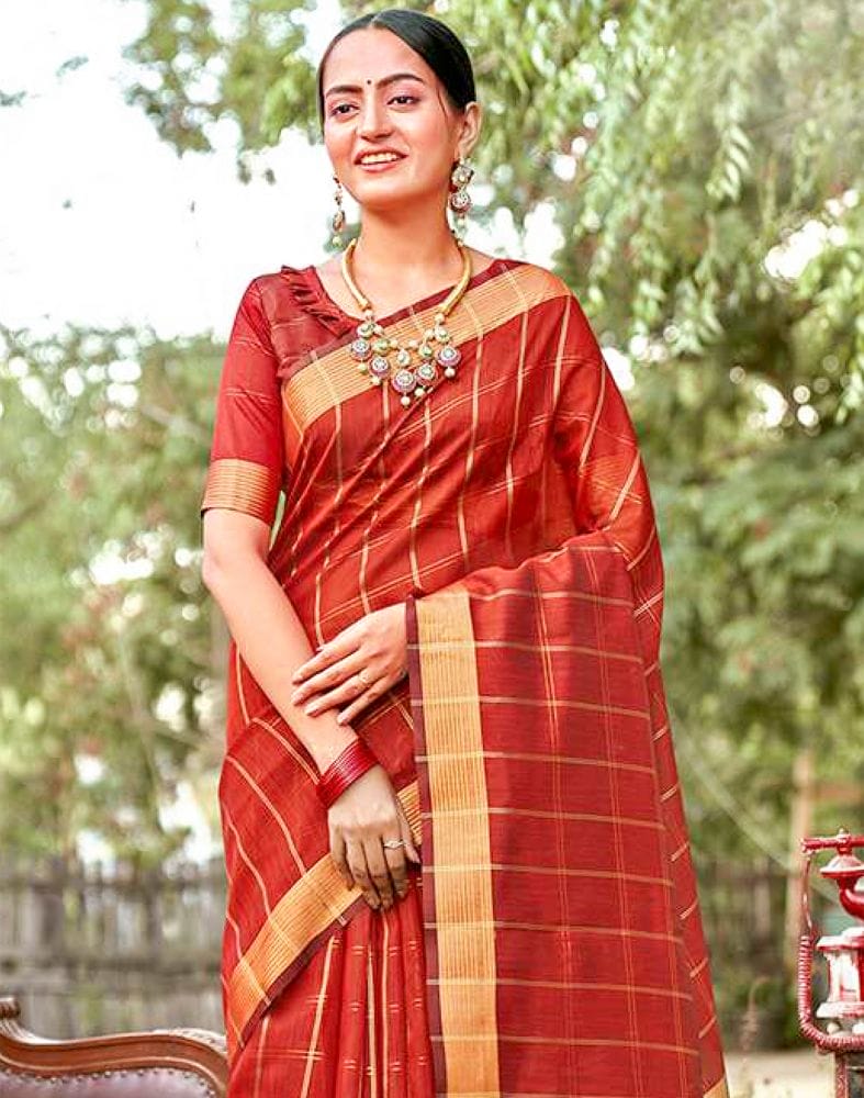 Maroon Checkered Zari Cotton Silk Saree