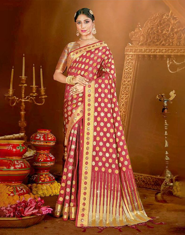 Collection of Maroon Butta Stones Banaras Fancy Saree in a gallery layout