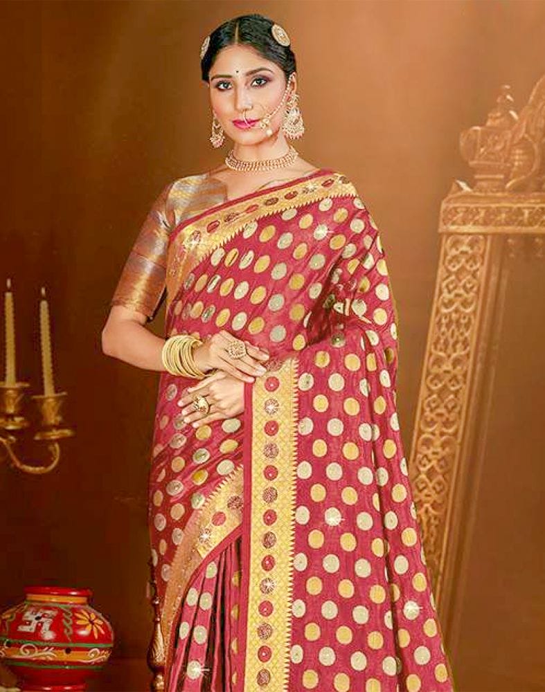 Collection of Maroon Butta Stones Banaras Fancy Saree in a gallery layout