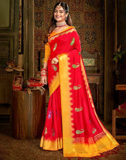 Collection of Embroidery Work Red Plain Banaras Fancy Saree in a gallery layout