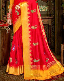 Collection of Embroidery Work Red Plain Banaras Fancy Saree in a gallery layout