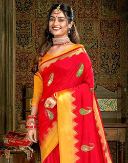 Collection of Embroidery Work Red Plain Banaras Fancy Saree in a gallery layout