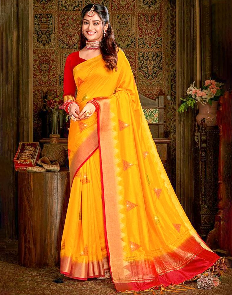 Yellow Plain Embroidery Work Banaras Fancy Saree