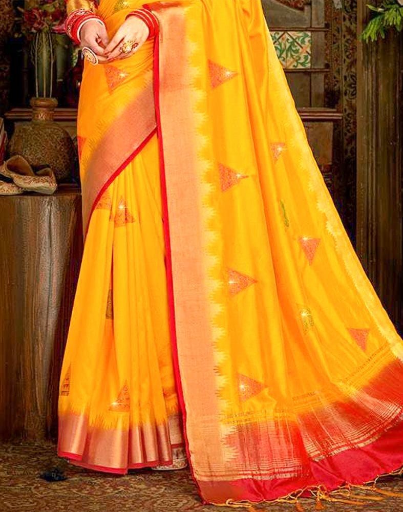 Yellow Plain Embroidery Work Banaras Fancy Saree