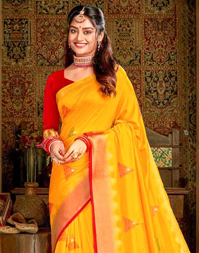 Collection of Yellow Plain Embroidery Work Banaras Fancy Saree in a gallery layout