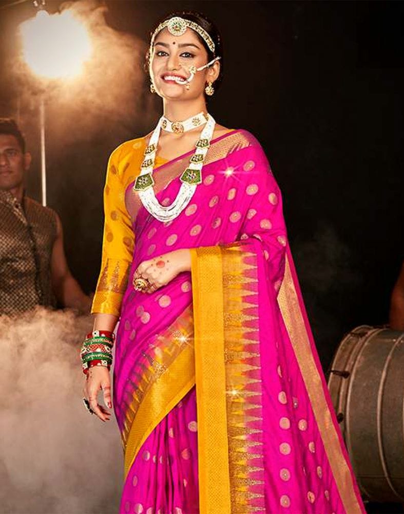 Stones Work Pink Butta Banaras Fancy Saree