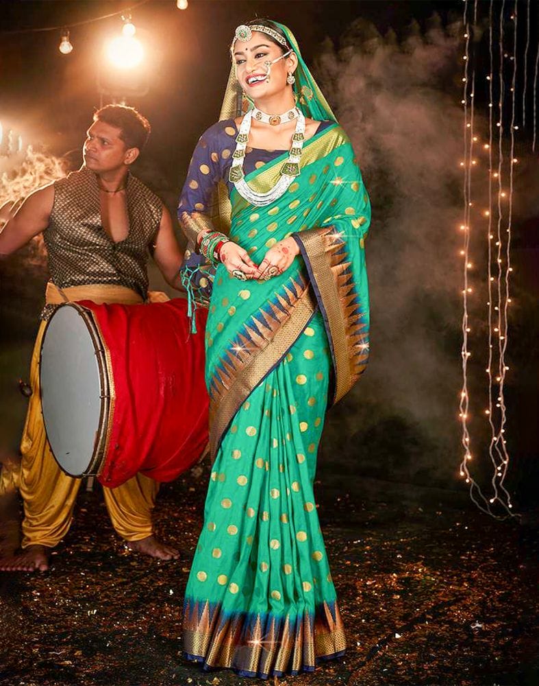 Collection of Stones Work Green Coloured Butta Banaras Fancy Saree in a gallery layout