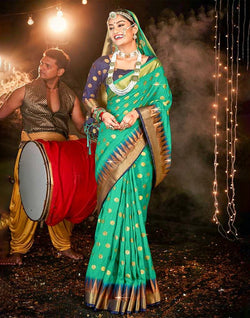 Collection of Stones Work Green Coloured Butta Banaras Fancy Saree in a gallery layout