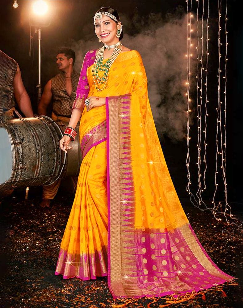 Stones Work Yellow Butta Banaras Fancy Saree