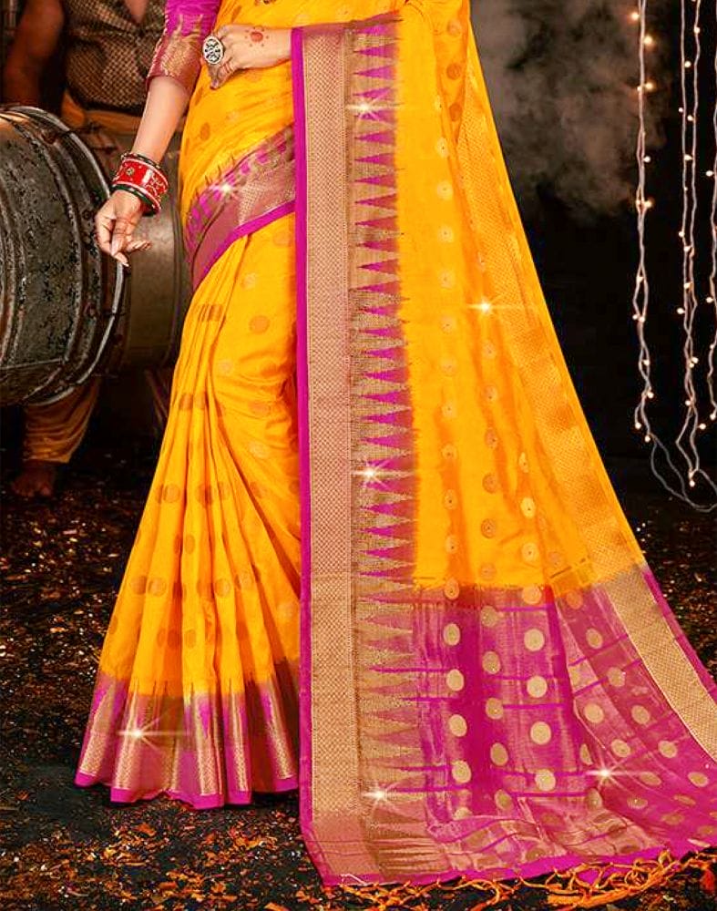 Stones Work Yellow Butta Banaras Fancy Saree