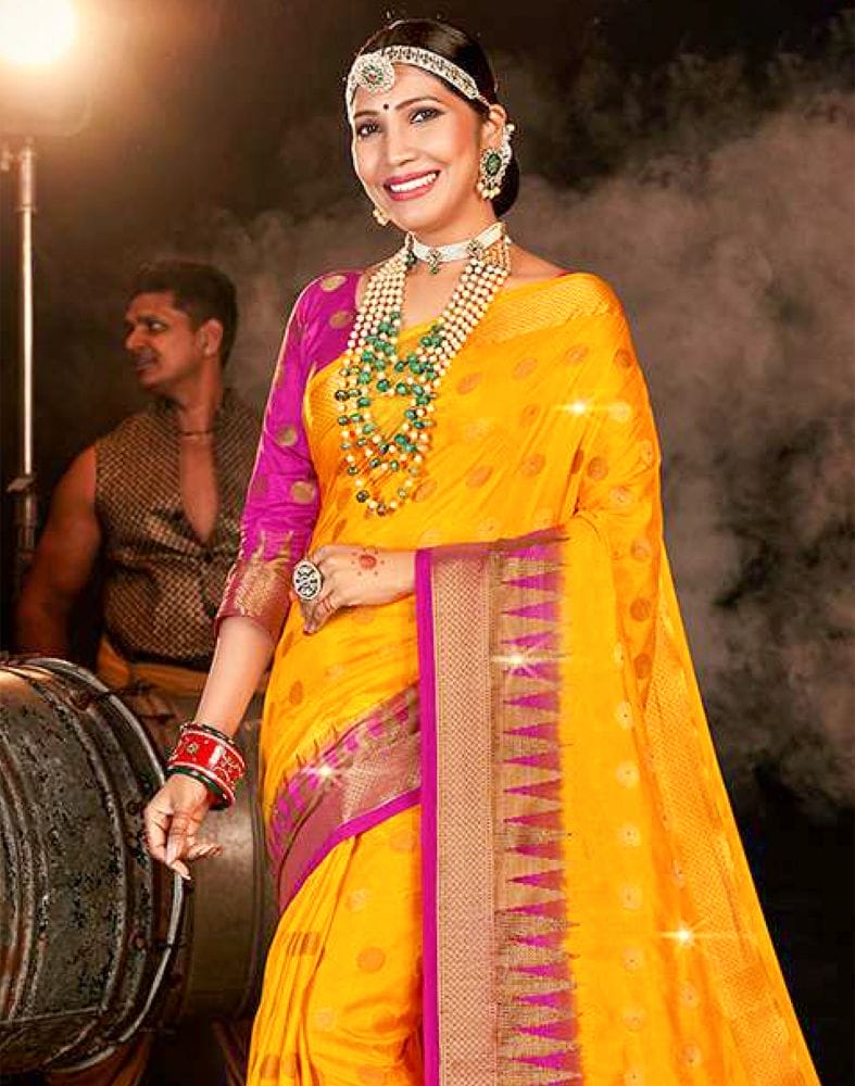 Stones Work Yellow Butta Banaras Fancy Saree