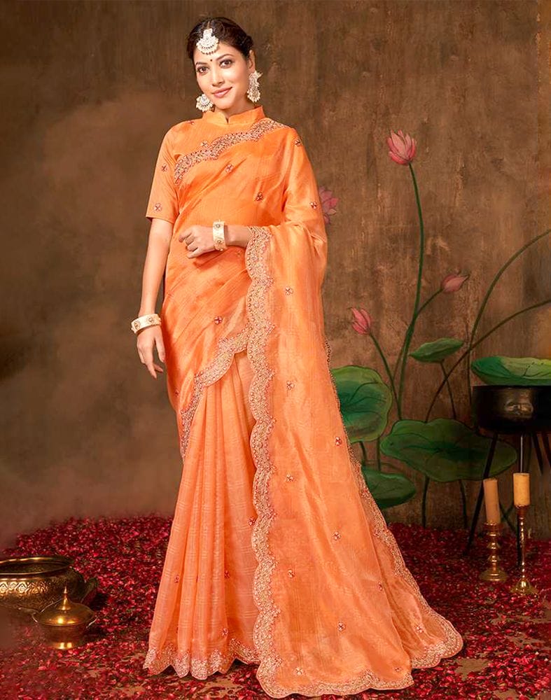 Light Orange Checkered Embroidery Work Organza Saree