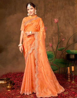 Collection of Light Orange Checkered Embroidery Work Organza Saree in a gallery layout