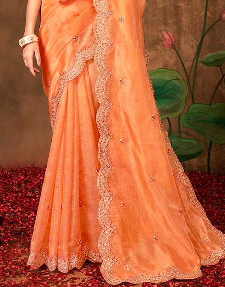 Light Orange Checkered Embroidery Work Organza Saree