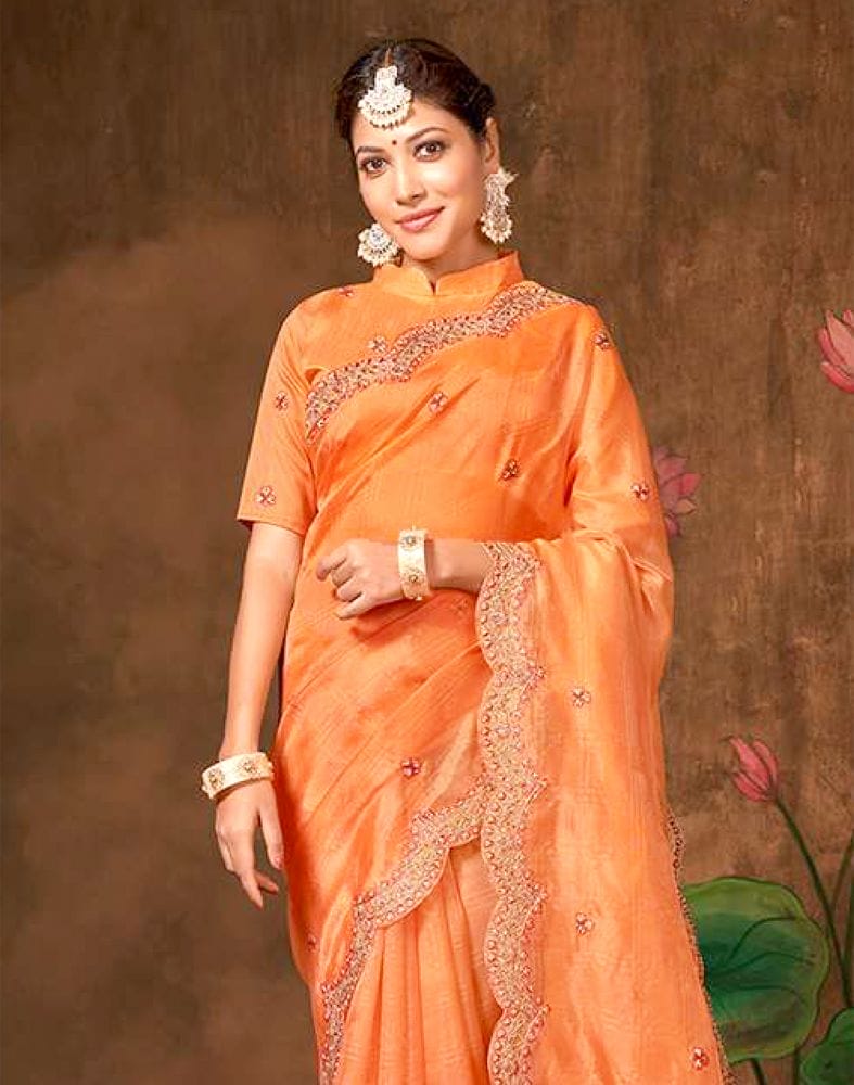 Light Orange Checkered Embroidery Work Organza Saree