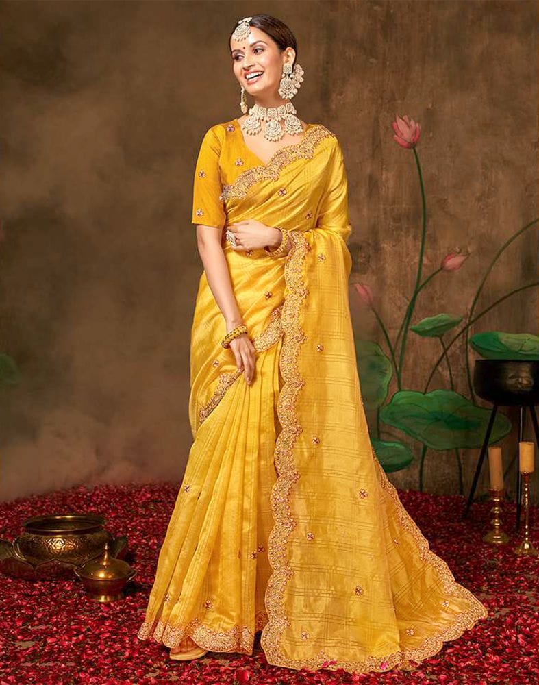 Yellow Checkered Embroidery Work Organza Saree