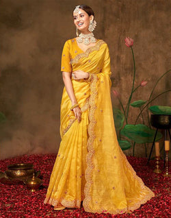 Collection of Yellow Checkered Embroidery Work Organza Saree in a gallery layout