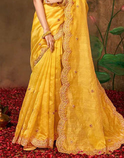 Collection of Yellow Checkered Embroidery Work Organza Saree in a gallery layout