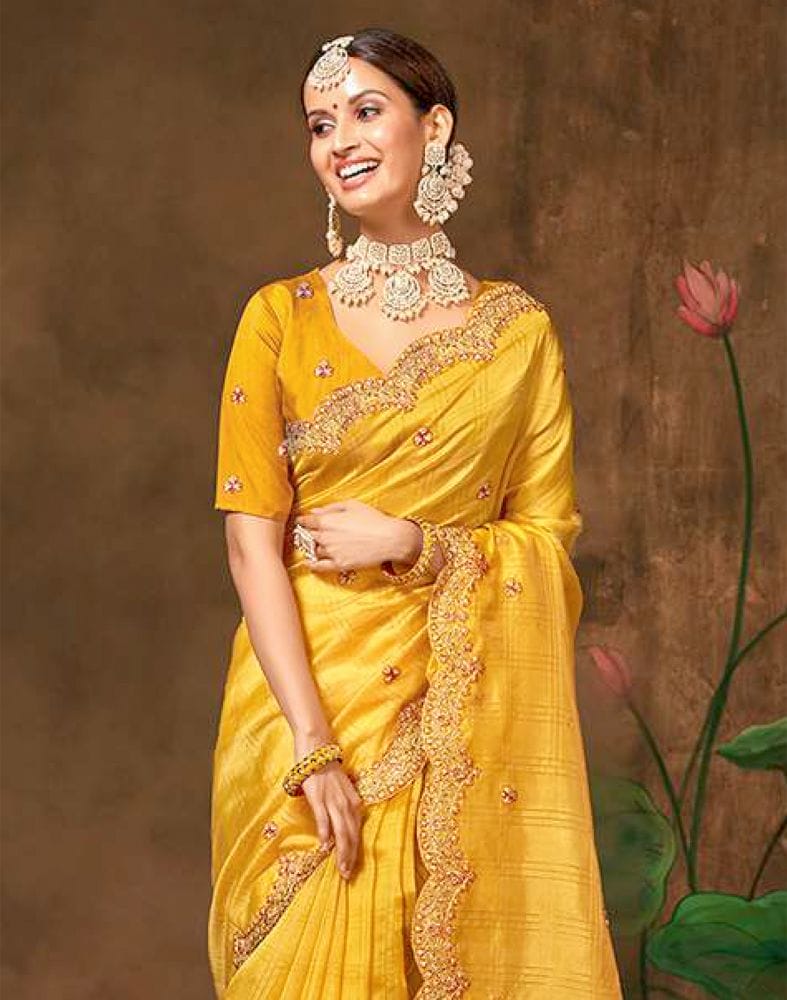 Collection of Yellow Checkered Embroidery Work Organza Saree in a gallery layout