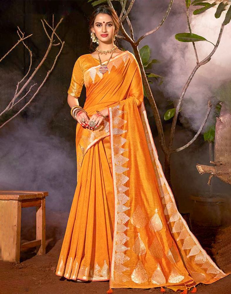 Collection of Mustard Plain Zari Cotton Silk Saree in a gallery layout