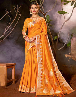 Collection of Mustard Plain Zari Cotton Silk Saree in a gallery layout