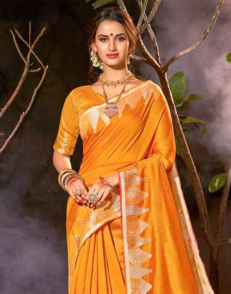 Collection of Mustard Plain Zari Cotton Silk Saree in a gallery layout