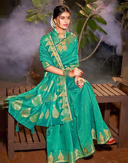 Collection of Green Plain Zari Cotton Silk Saree in a gallery layout