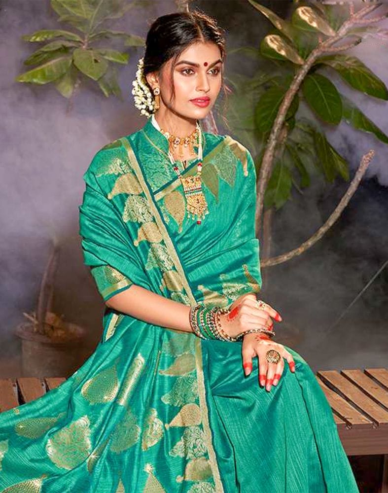 Collection of Green Plain Zari Cotton Silk Saree in a gallery layout