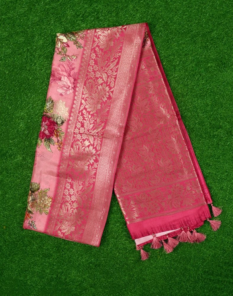 Pink Floral Print Viscose Saree