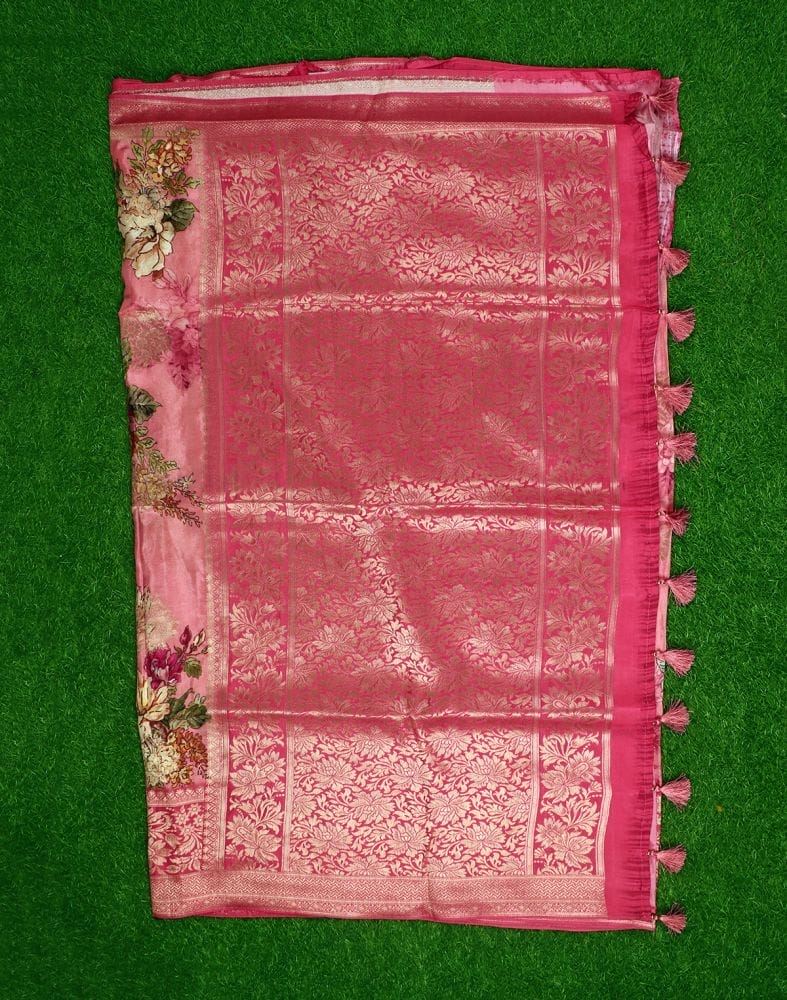 Pink Floral Print Viscose Saree