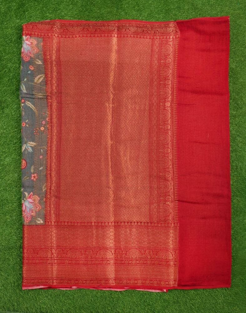 Collection of Grey Floral Printed Bagalpuri Saree in a gallery layout