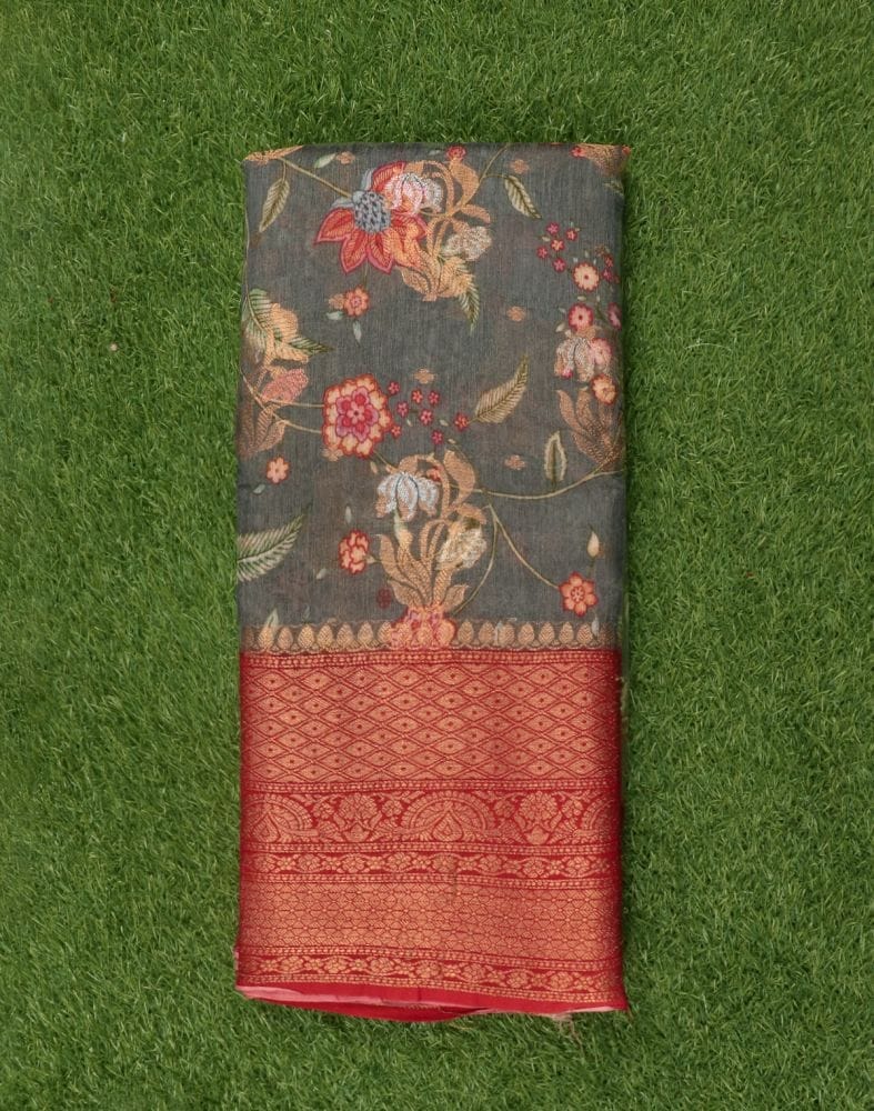 Grey Floral Printed Bagalpuri Saree