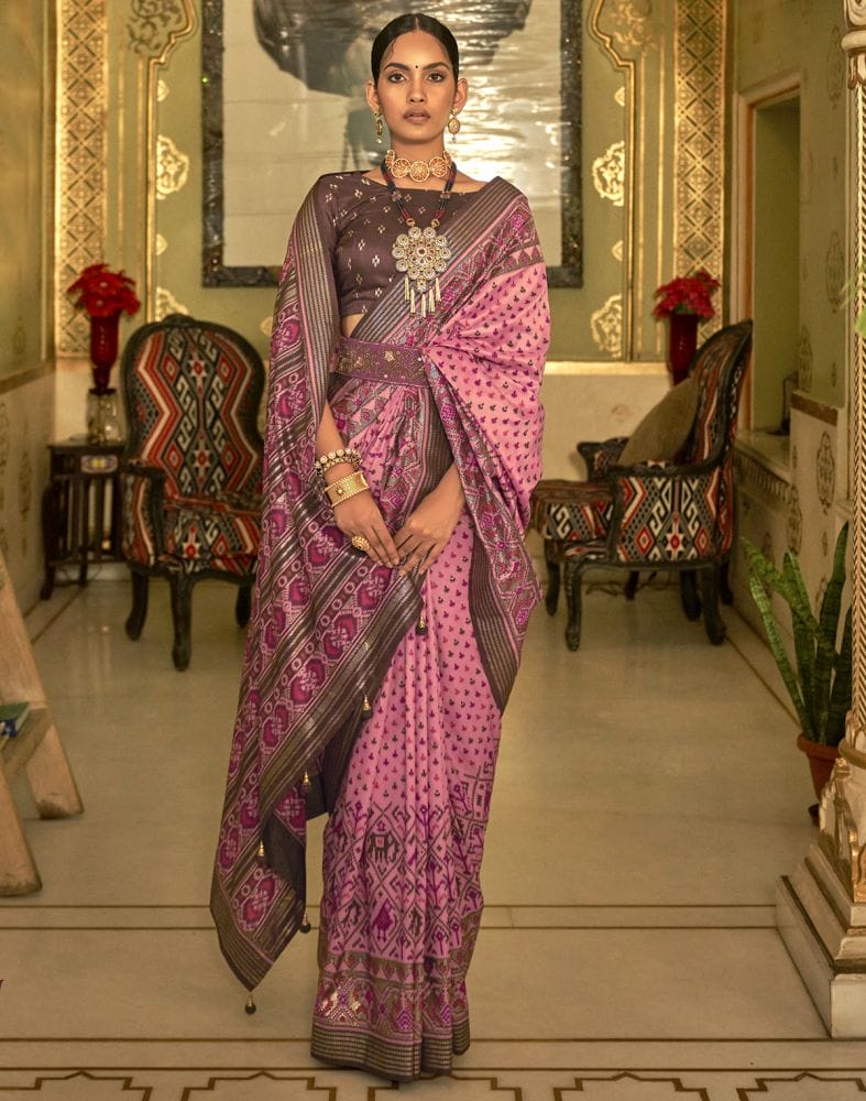 Baby Pink Ikat Print Patola Saree