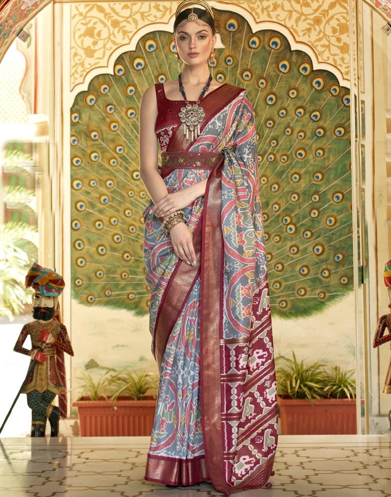 Collection of Grey Ikat Smooth Patola Silk Saree in a gallery layout