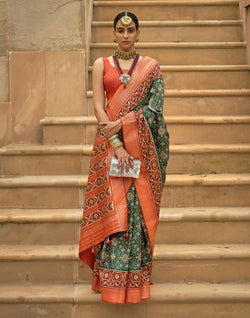 Collection of Dark Green Ikat Patola Fabric Saree in a gallery layout