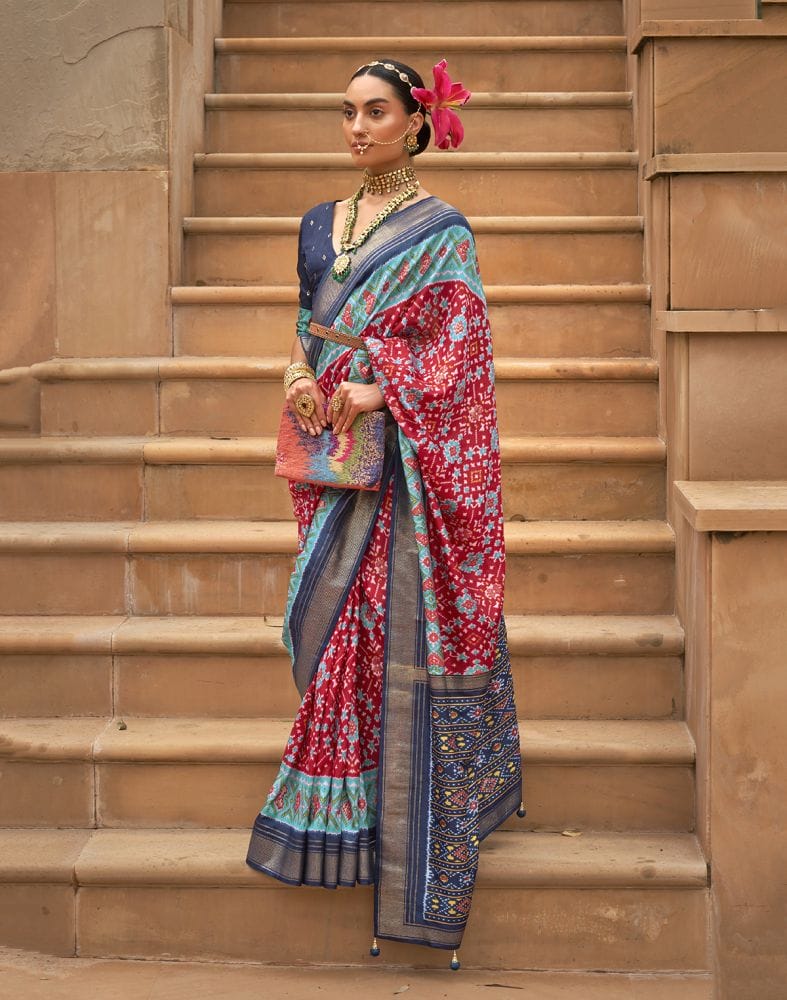 Collection of Cherry Red Ikat Patola Fabric Saree in a gallery layout