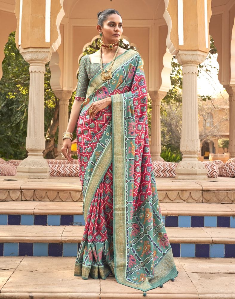 Red and Blue Ikat Print Patola Saree