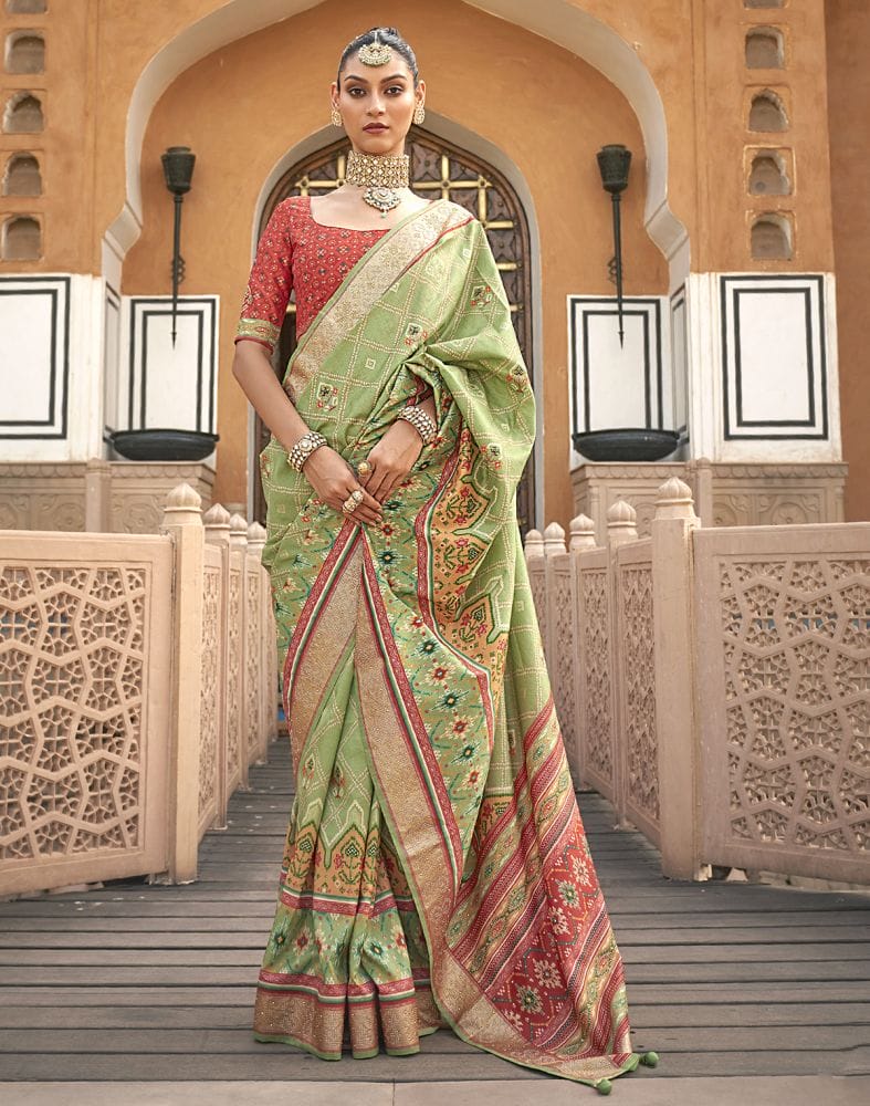 Collection of Patola Fancy Pista Green Geometric Print Saree in a gallery layout