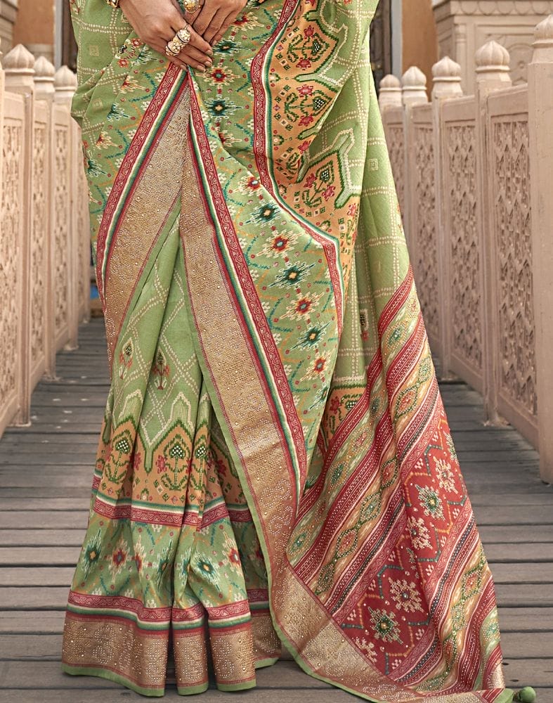 Collection of Patola Fancy Pista Green Geometric Print Saree in a gallery layout