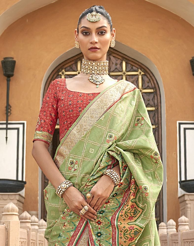 Patola Fancy Pista Green Geometric Print Saree