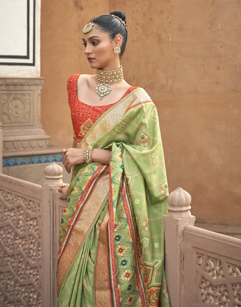 Collection of Patola Fancy Pista Green Geometric Print Saree in a gallery layout