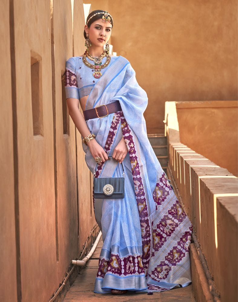 Collection of Light Blue Geometric Soft Cotton Silk Printed Saree in a gallery layout