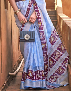 Collection of Light Blue Geometric Soft Cotton Silk Printed Saree in a gallery layout