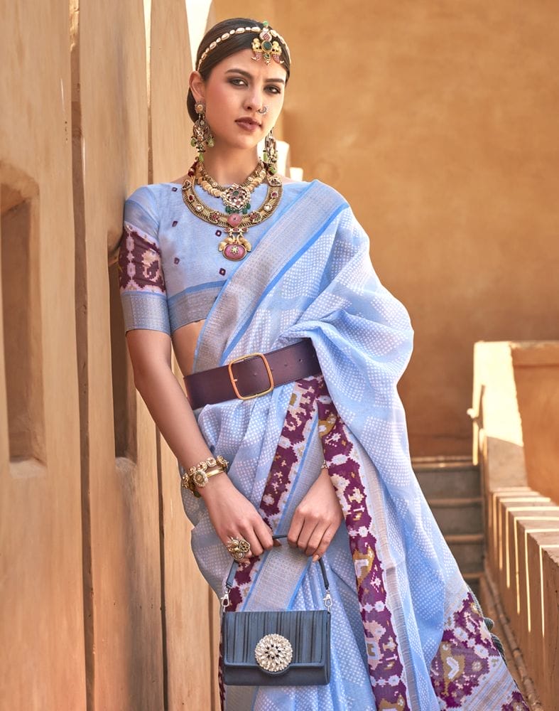 Light Blue Geometric Soft Cotton Silk Printed Saree