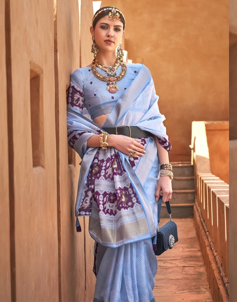 Light Blue Geometric Soft Cotton Silk Printed Saree