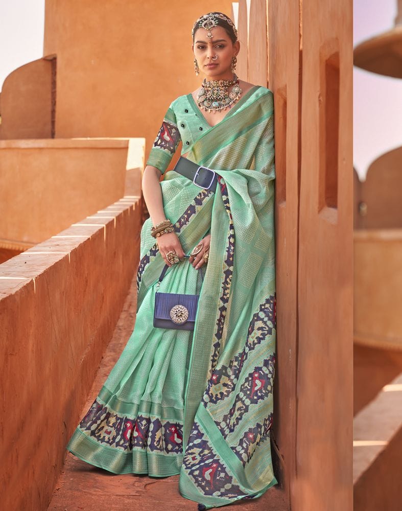 Exclusive Sea Green Geometric Print Cotton Silk Saree